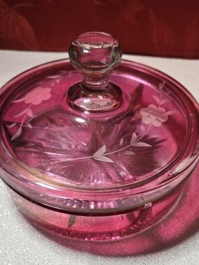 Cranberry Colored Etched Glass Covered Candy Dish